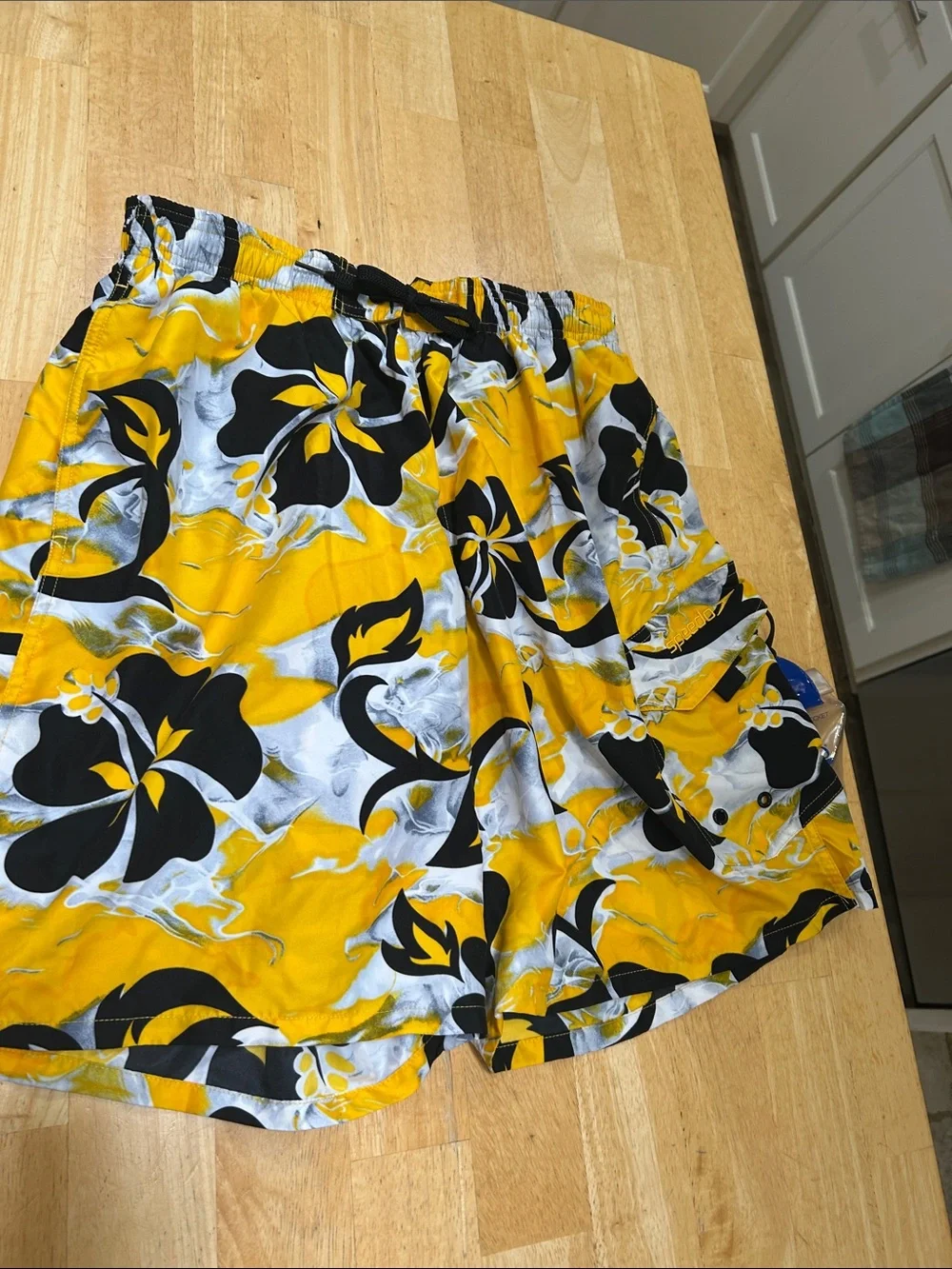 Speedo Yellow Black White Floral Swim Trunks for Men